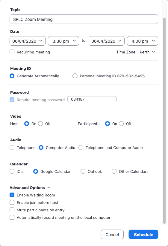 Zoom scheduling panel